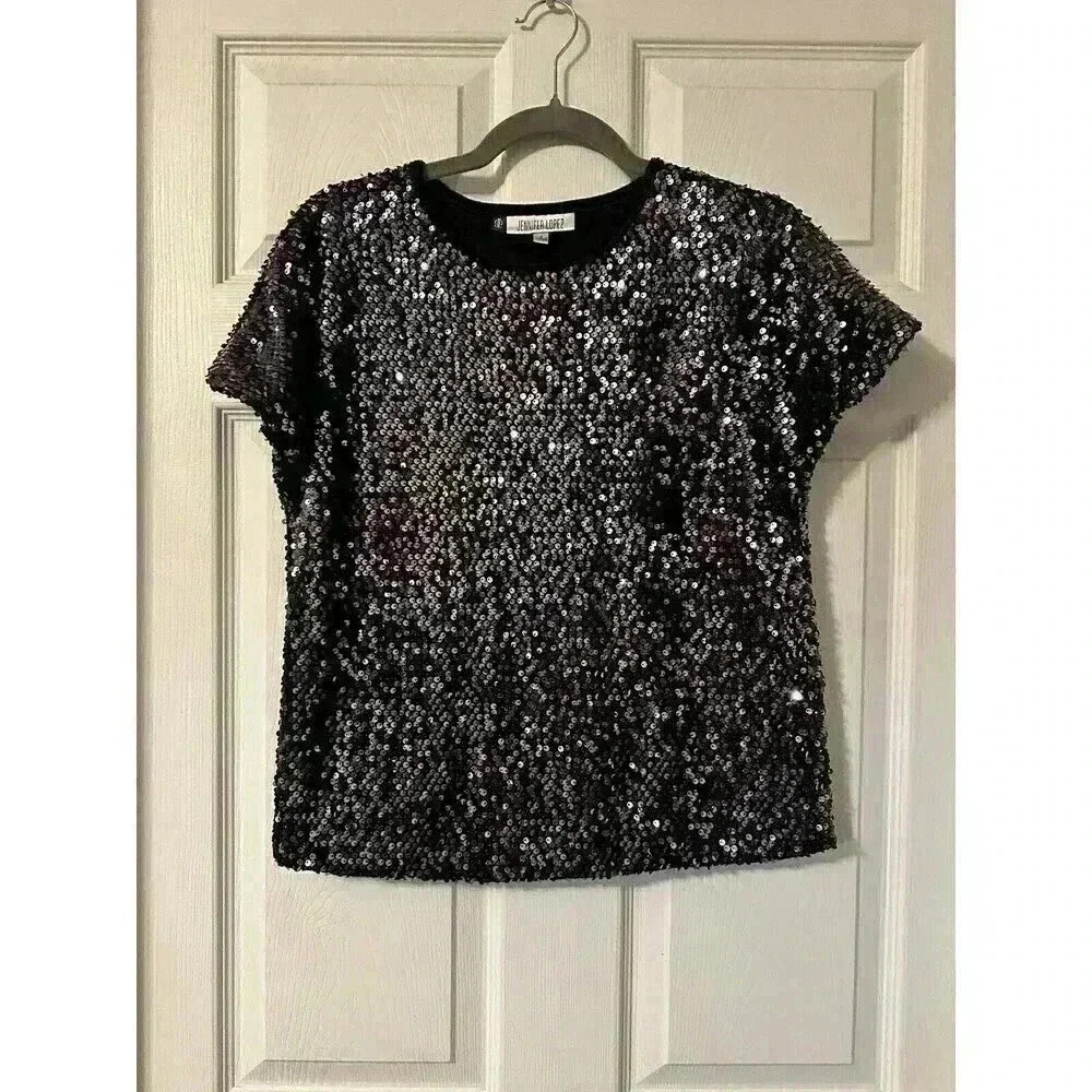 Jennifer Lopez Womens Top Small Purple Black Sequined Top Short Sleeves
